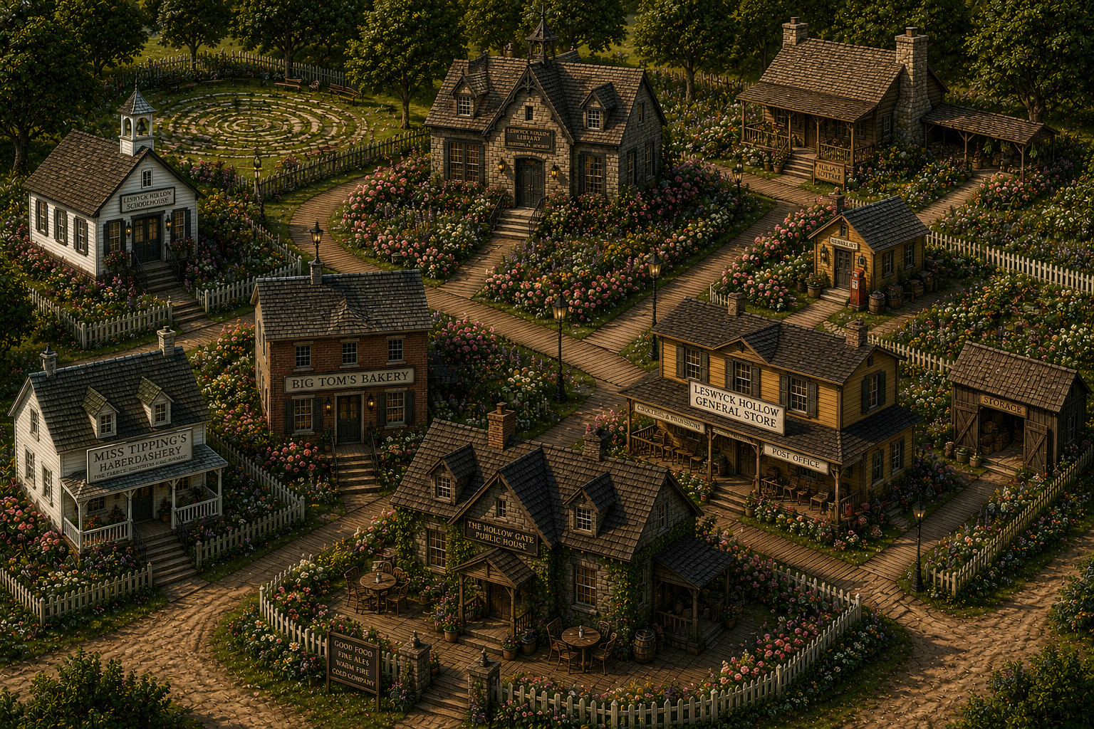 An aerial map of the village of Leswyck Hollow